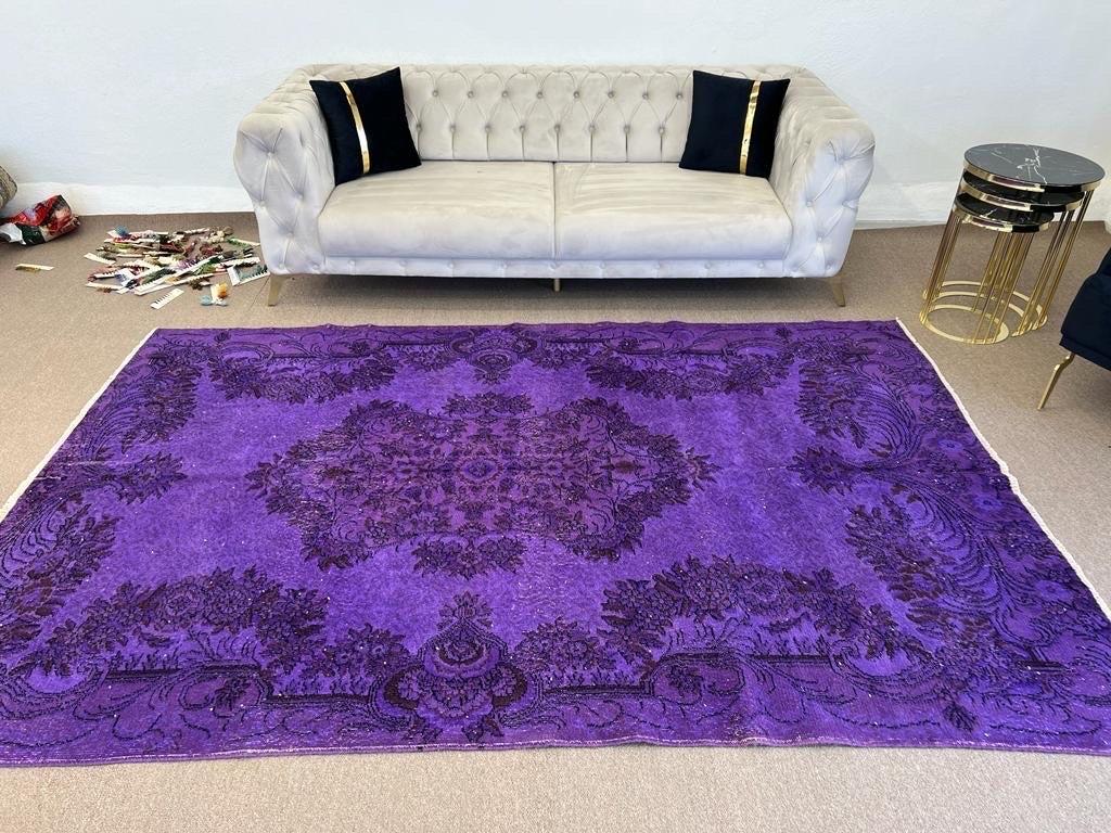 Wool 6.3x9.6 Ft Vintage Handmade Turkish Area Rug in Purple Color 4 Modern Interiors