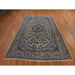 6'3"x9'6" Ivory Vintage Farsian Nain Full Pile Hand Knotted Wool Oriental Rug