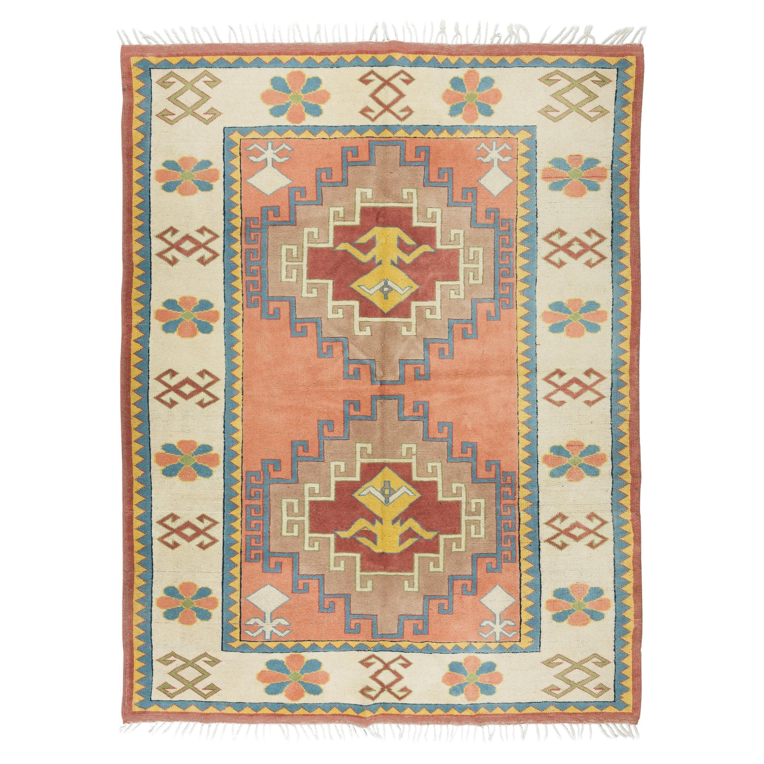 6.3x9.7 Ft Central Anatolian Geometric Rug, Traditional 1960's Handmade Carpet For Sale