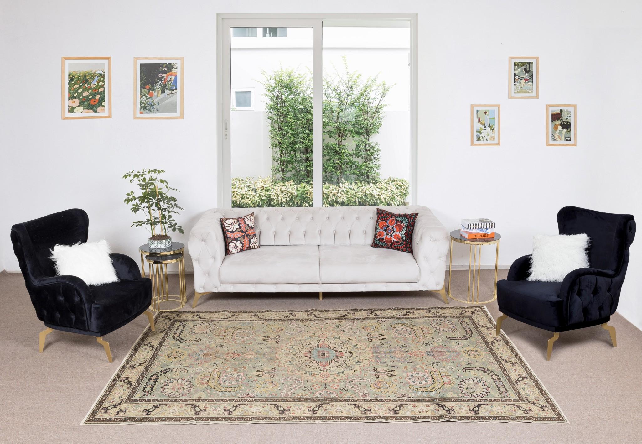 A finely hand-knotted vintage Turkish carpet from mid 20th Century or before. The rug has even low wool pile on cotton foundation. It is heavy and lays flat on the floor, in very good condition with no issues. It has been washed professionally, The
