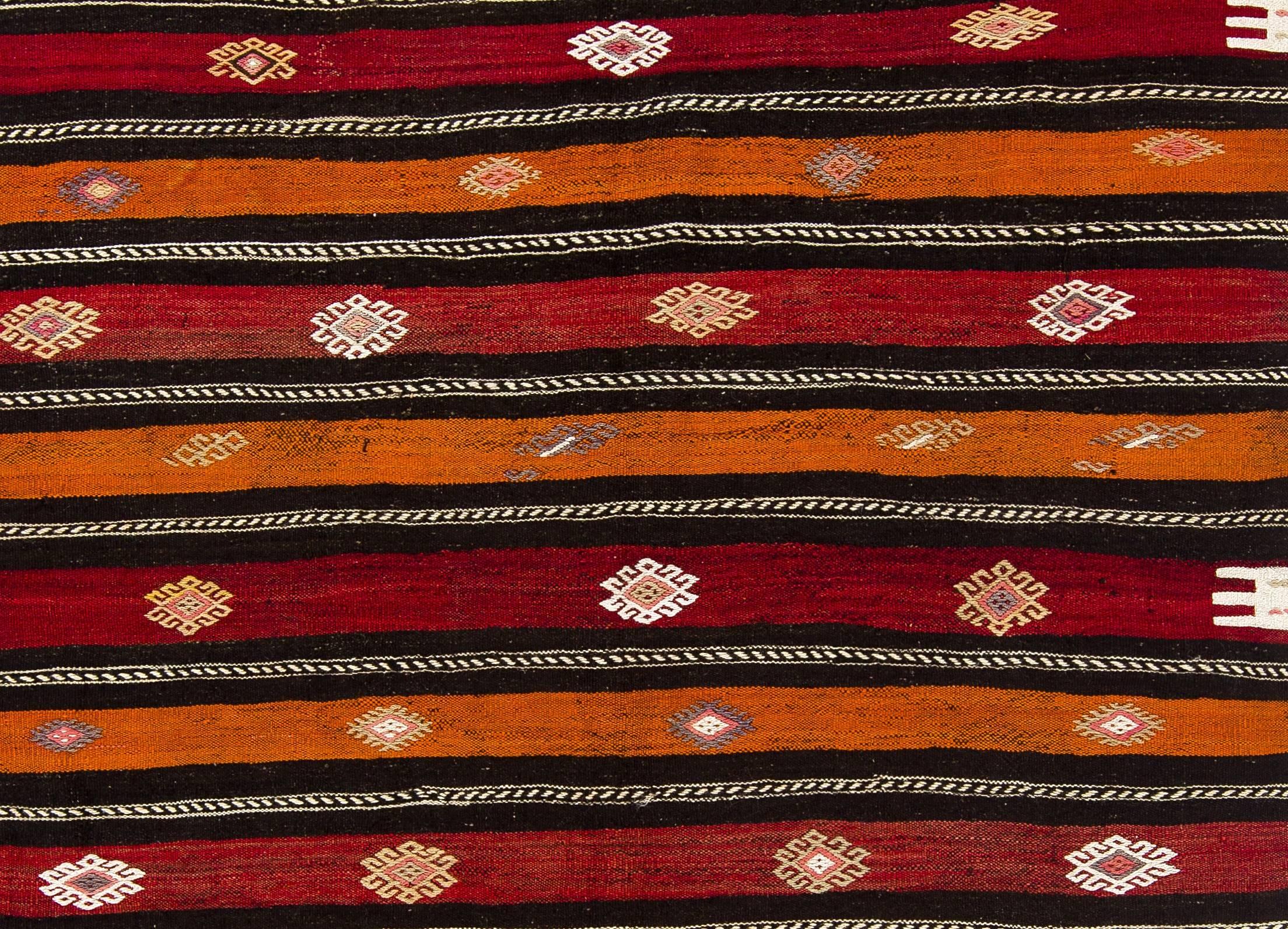 Bohemian 6.3x9.8 Ft Handmade Banded Turkish Kilim Rug in Red, Orange, Black & White Wool For Sale