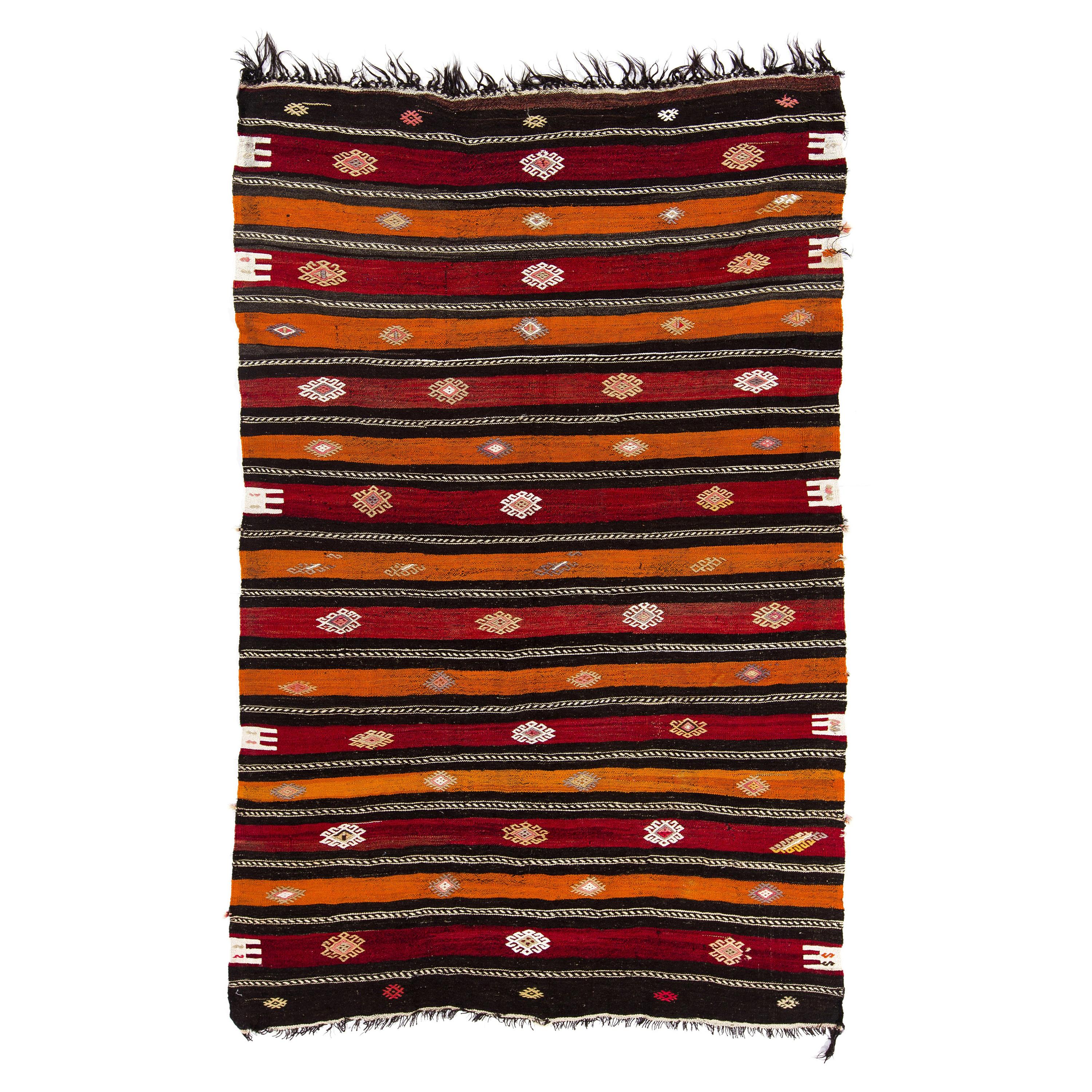 6.3x9.8 Ft Handmade Banded Turkish Kilim Rug in Red, Orange, Black & White Wool For Sale