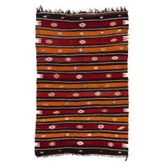 Vintage 6.3x9.8 Ft Handmade Banded Turkish Kilim Rug in Red, Orange, Black & White Wool