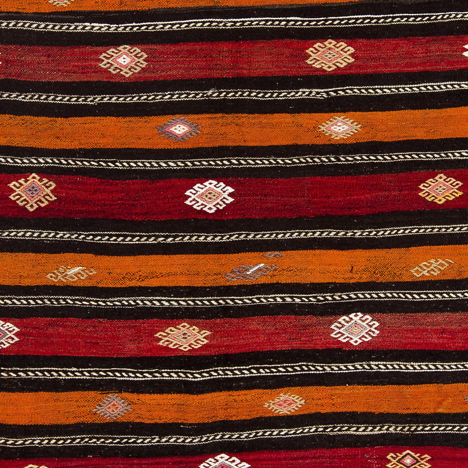 Bohemian 6.3x9.8 Ft Handmade Banded Turkish Wool Kilim Rug in Red, Black, Orange & White For Sale