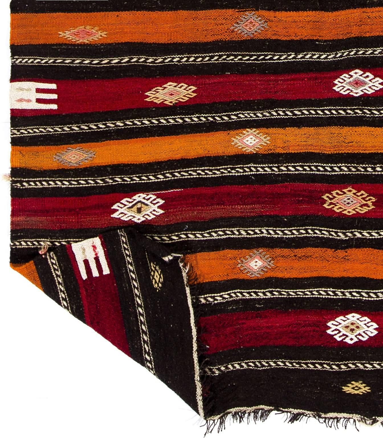 Hand-Woven 6.3x9.8 Ft Handmade Banded Turkish Wool Kilim Rug in Red, Black, Orange & White For Sale