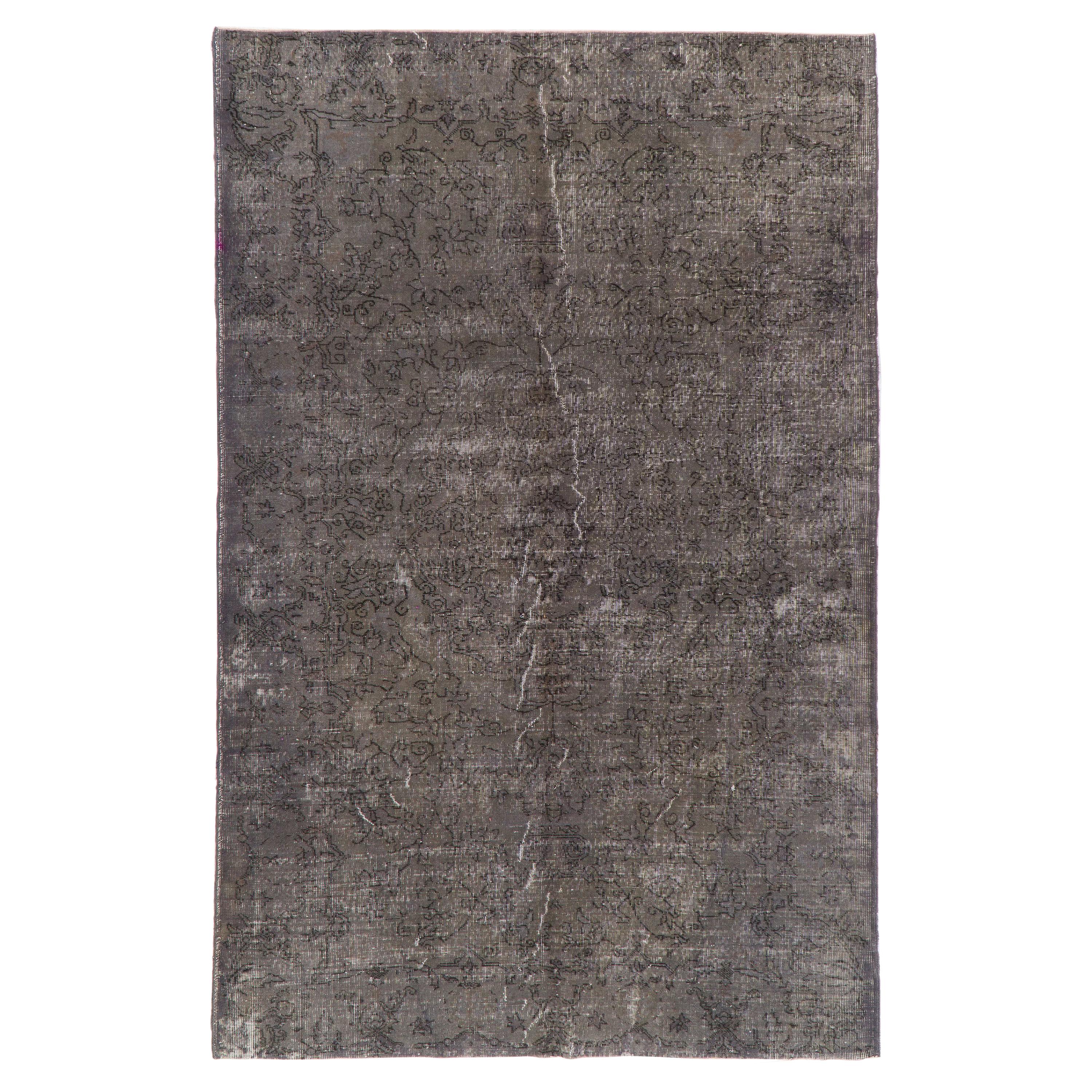 6.3x9.8 ft Vintage Minimalist Distressed Hand-Knotted Turkish Area Rug in Gray For Sale
