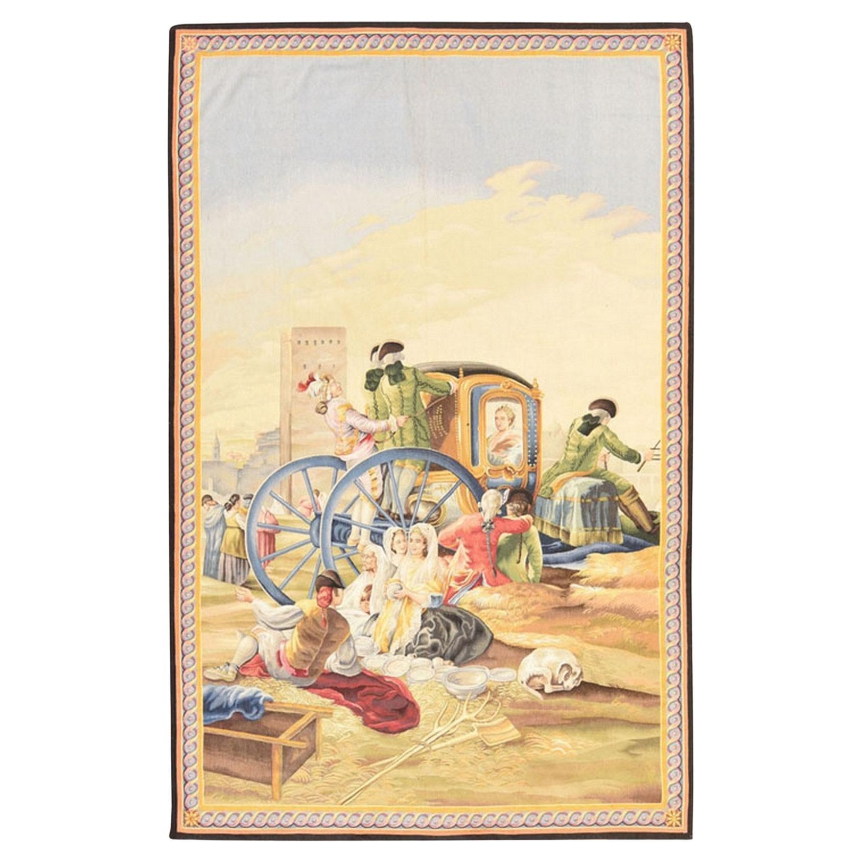 6
3"x9
9" Colorful New Aubusson Weave Tapestry Flemish Style Hand Woven Wool Rug For Sale