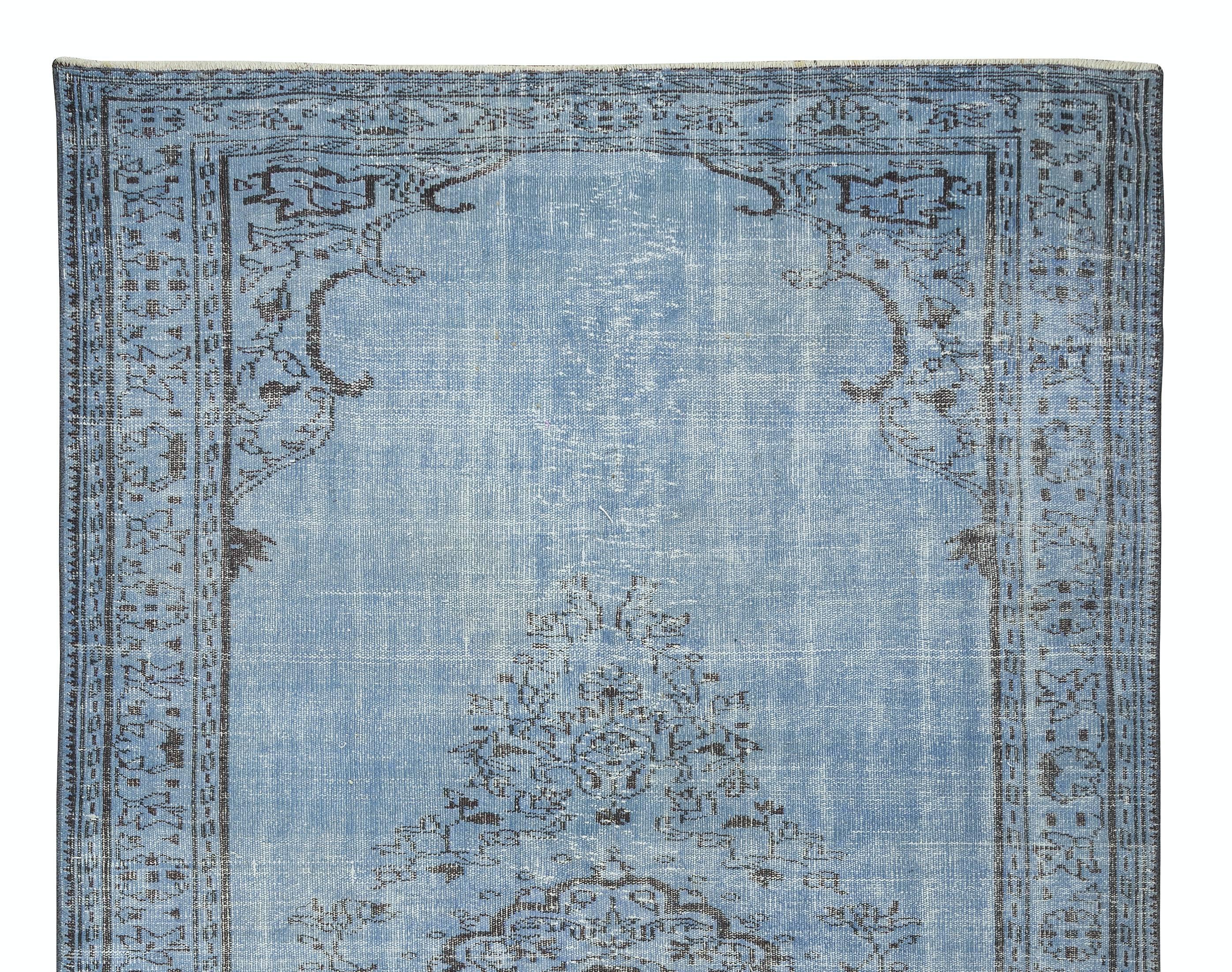 Handmade 1960s Turkish Rug Overdyed in Light Blue for Modern Interior In Good Condition For Sale In Philadelphia, PA