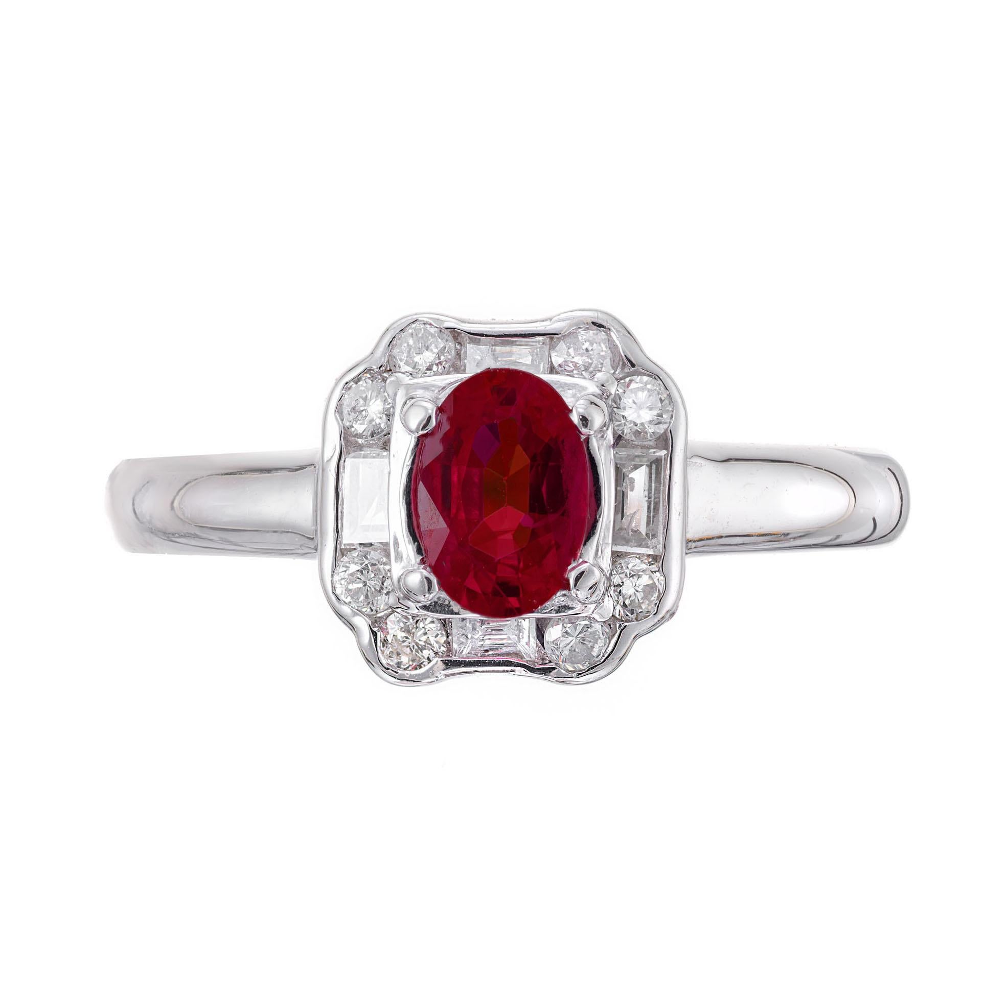 Art deco ruby and diamond ring. Oval center ruby with 8 round and 4 mele baguette cut diamonds in a handmade platinum setting. Circa 1930-1940.

1 oval ruby .64cts.
8 round diamonds approx. total weight .25cts
4 Baguette diamonds
Size 6.25 and