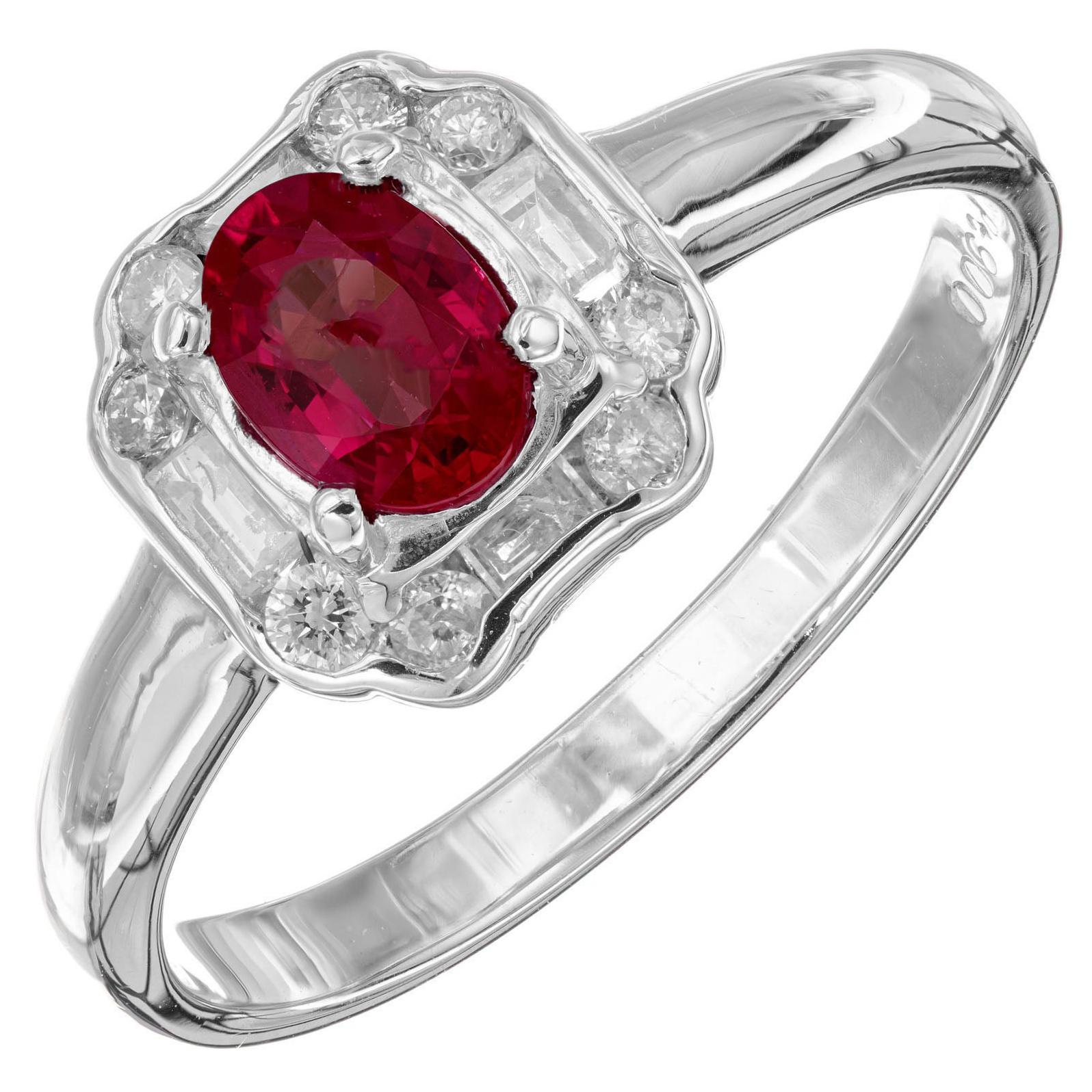 .64 Carat Art Deco Red Oval Ruby Diamond Platinum Engagement Ring For Sale