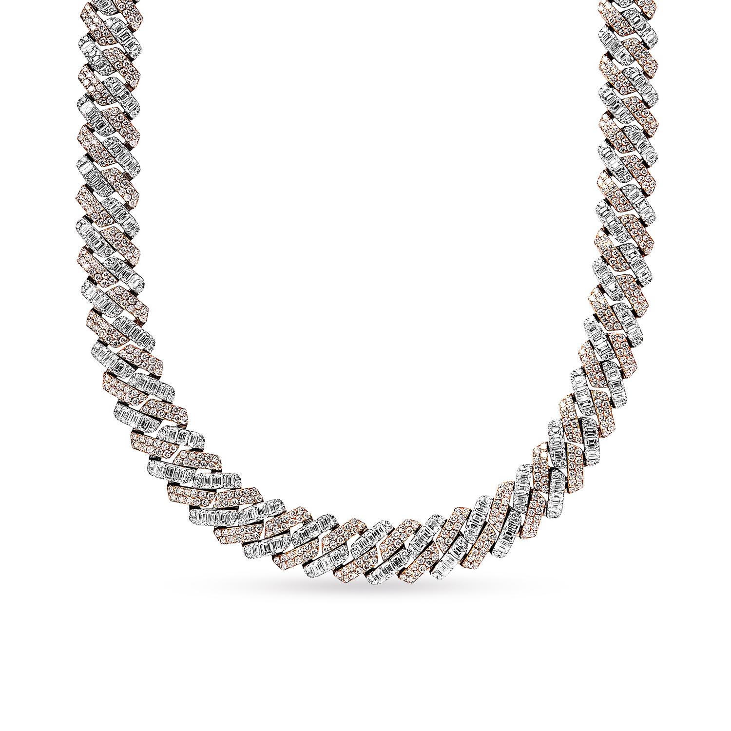 Baguette Cut 64 Carat Combined Mix Shape Diamond Cuban Link Chain Necklace Certified For Sale