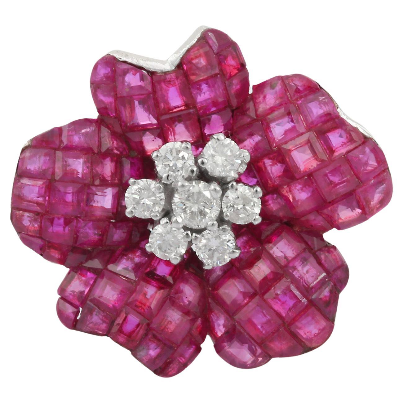 Floral Ruby Ring with Diamonds in 14 Karat White Gold For Sale at 1stDibs
