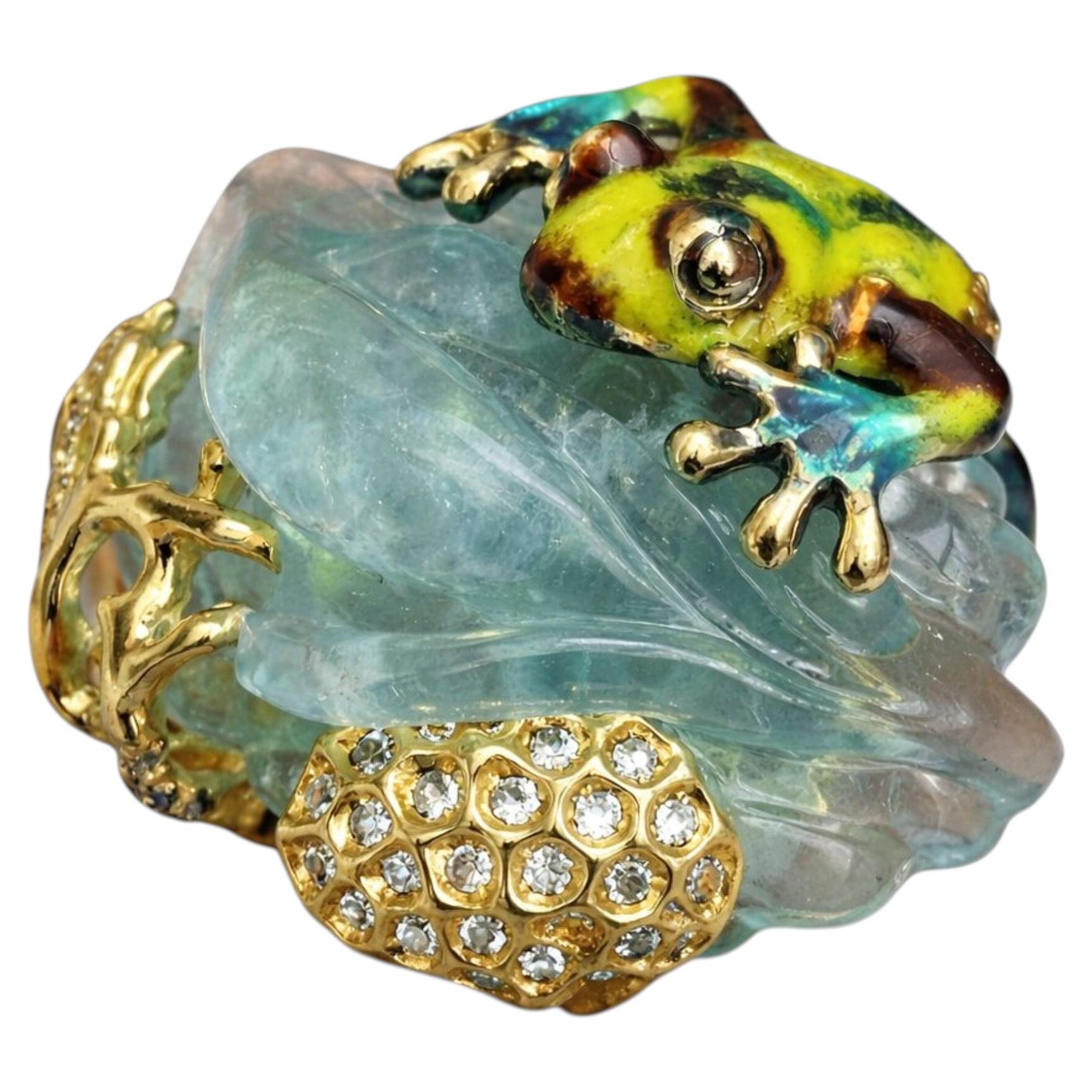 64 Carat Hand Carved Aquamarine Ring 18K Yellow Gold Hot Enamel- Ready To Ship