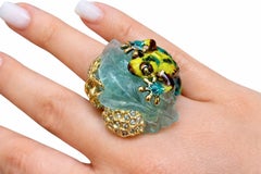 64 Carat Hand Carved Aquamarine Ring 18K Yellow Gold Hot Enamel Sapphires