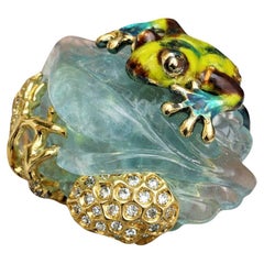 64 Carat Hand Carved Aquamarine Ring 18K Yellow Gold Hot Enamel Sapphires