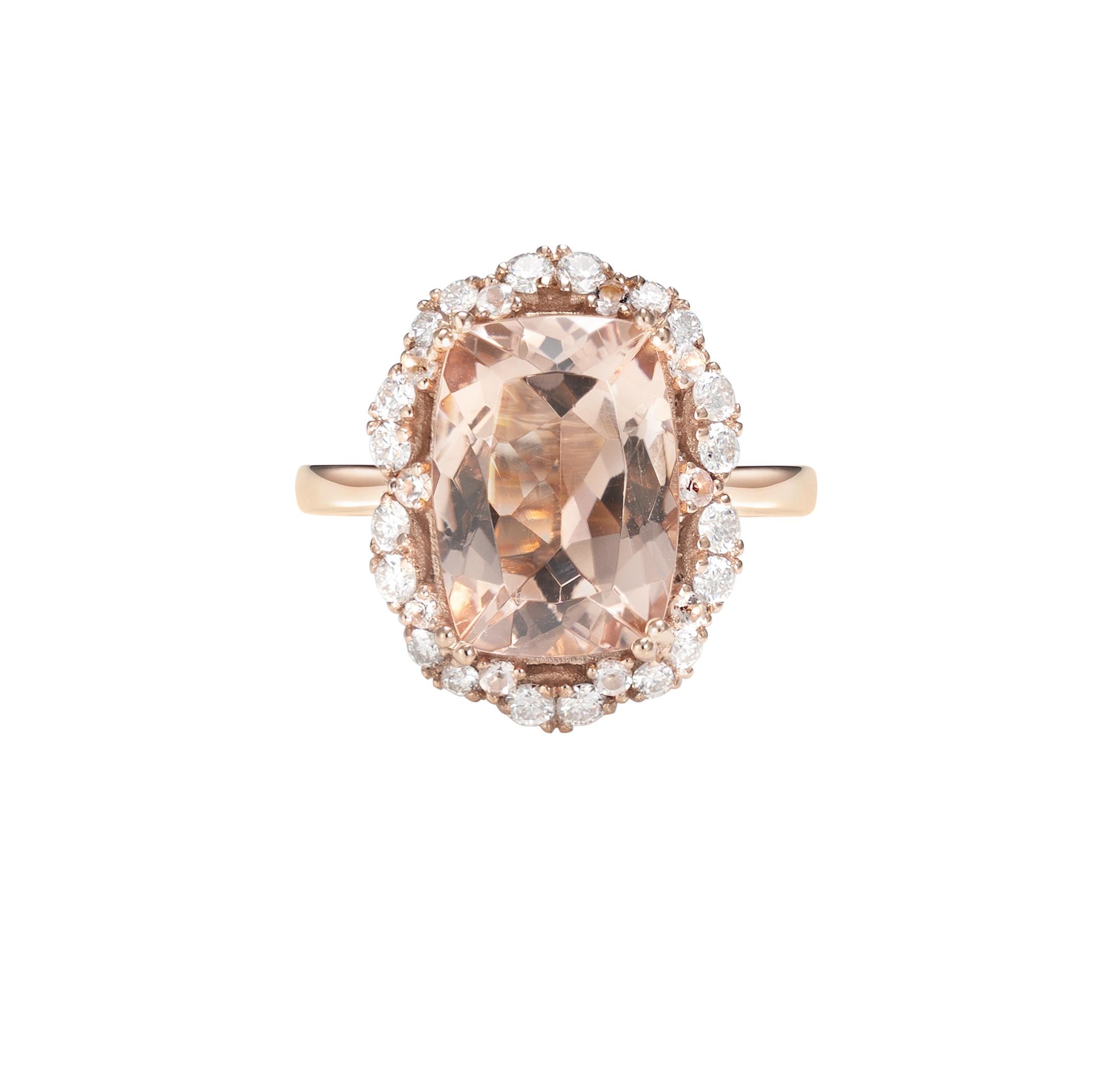 Cushion Cut 6.4 Carat Morganite and Diamond Ring in 18 Karat Rose Gold For Sale