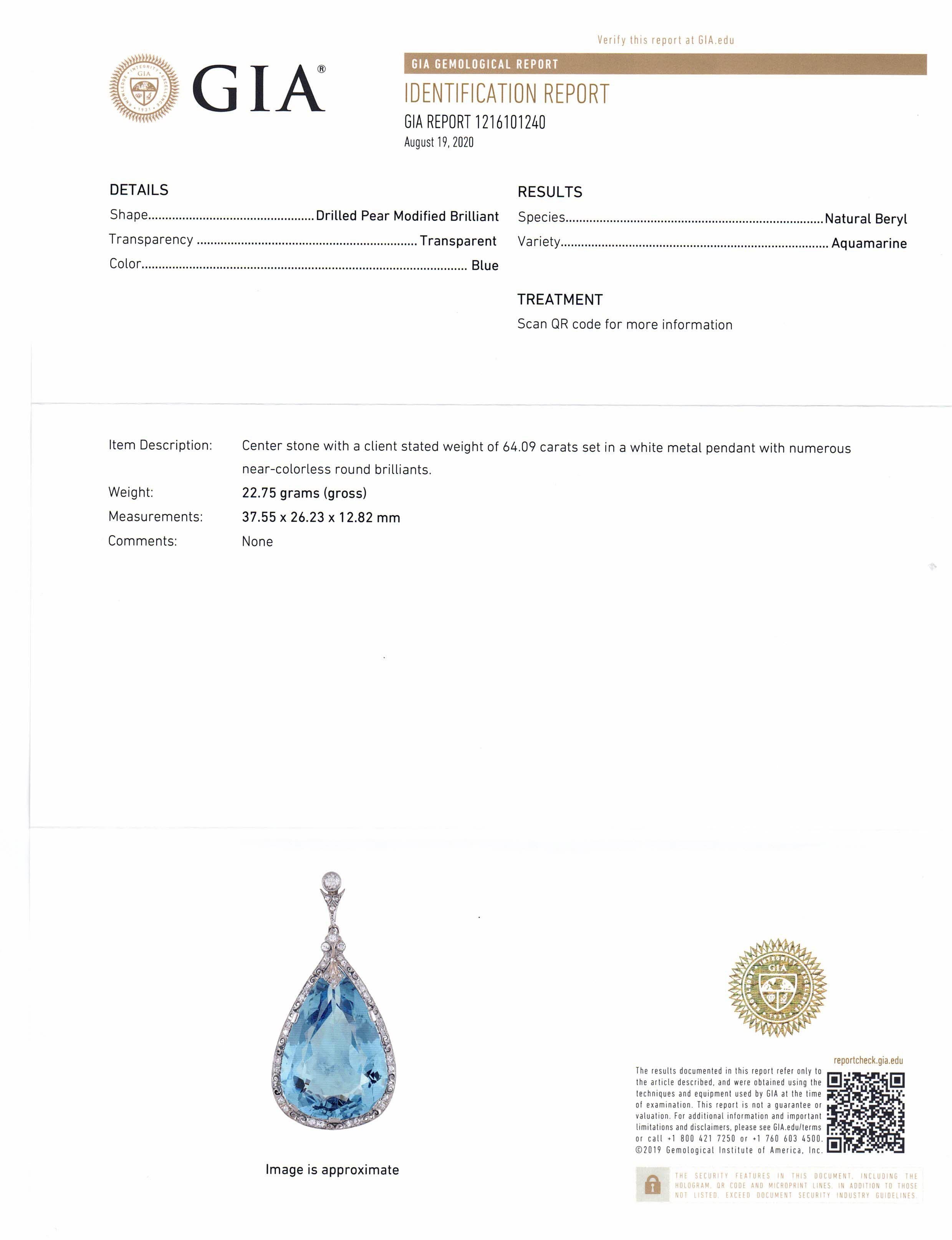 Pear Cut 64 Carat Santa Maria Aquamarine Edwardian Platinum Diamond Pendant Necklace