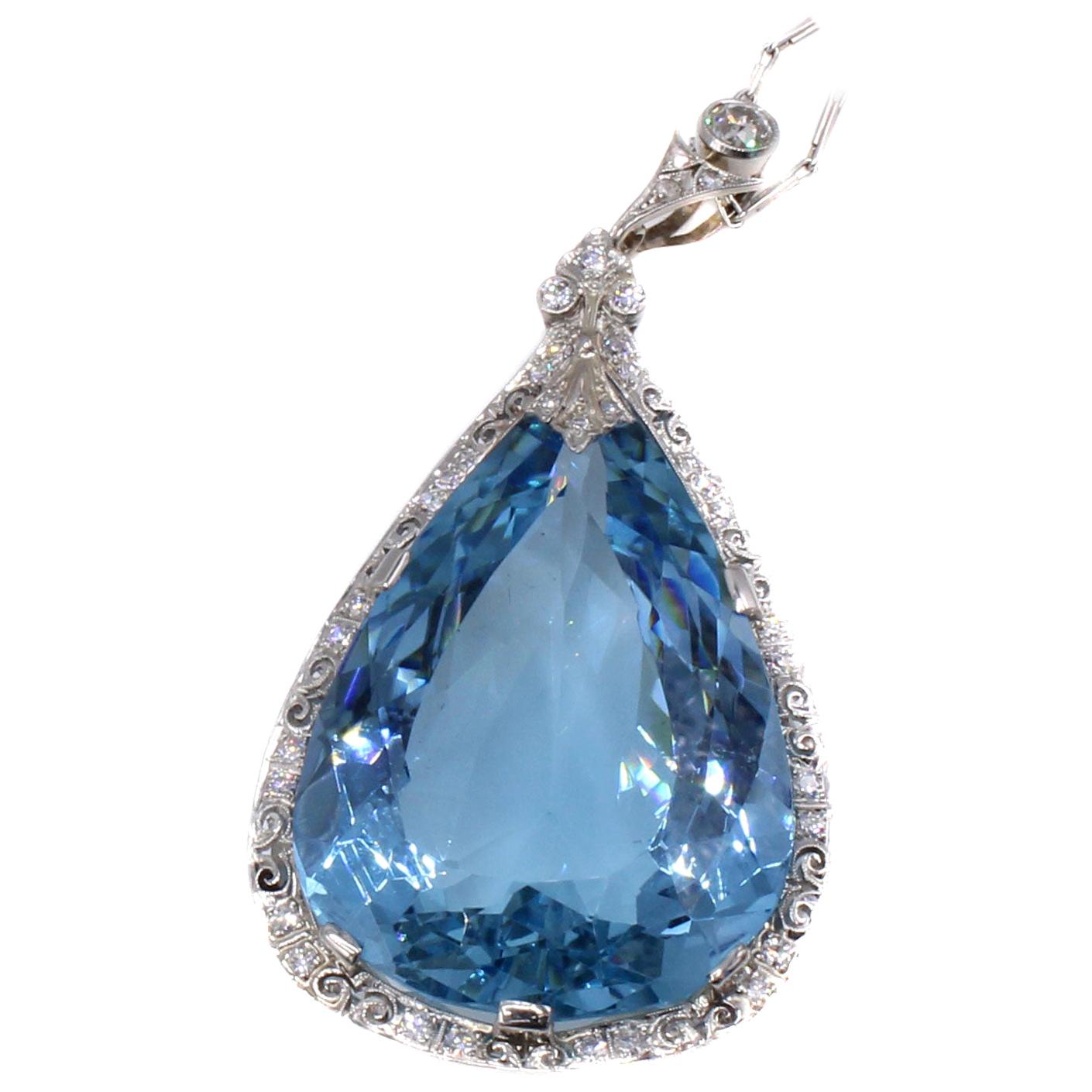 64 Carat Santa Maria Aquamarine Edwardian Platinum Diamond Pendant Necklace