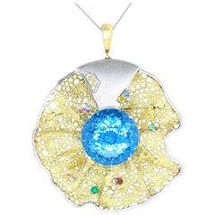 64 Ct Round Blue Topaz Multi-Color Gemstone Diamond Pendant Brooch Pin 18K Gold