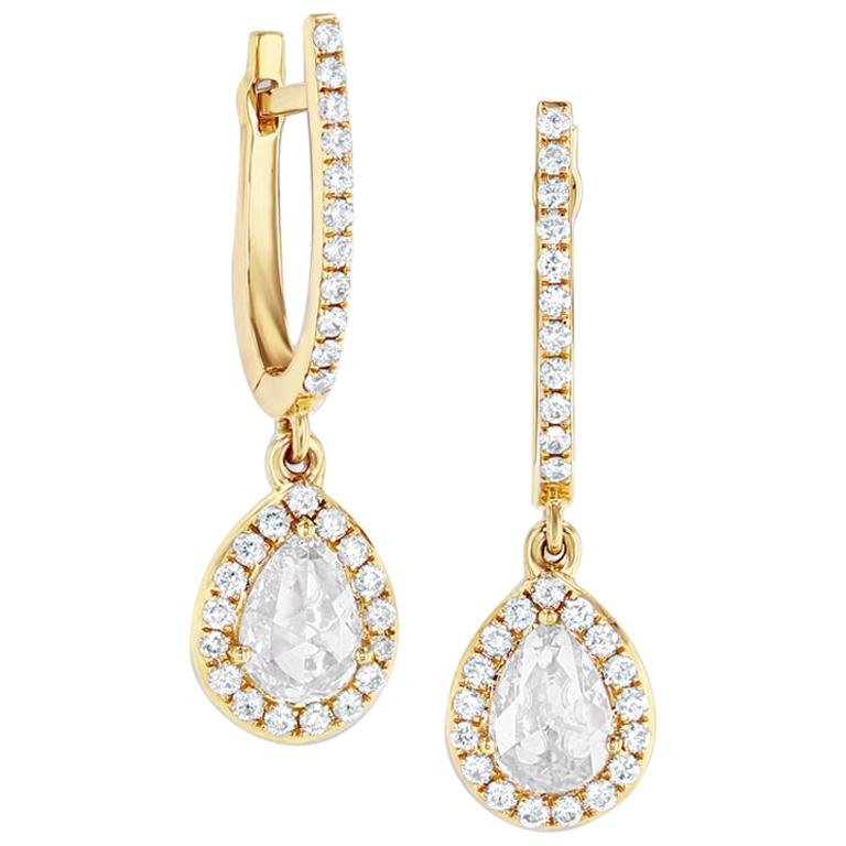 64 Facets 0.70 Carat Scallop Rose Cut Diamond Drop Earrings in 18 Karat Gold For Sale