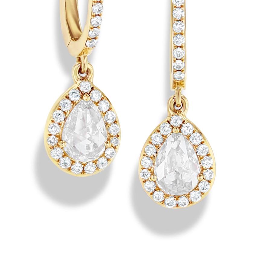 Contemporary 64 Facets 0.70 Carat Scallop Rose Cut Diamond Drop Earrings in 18 Karat Gold For Sale