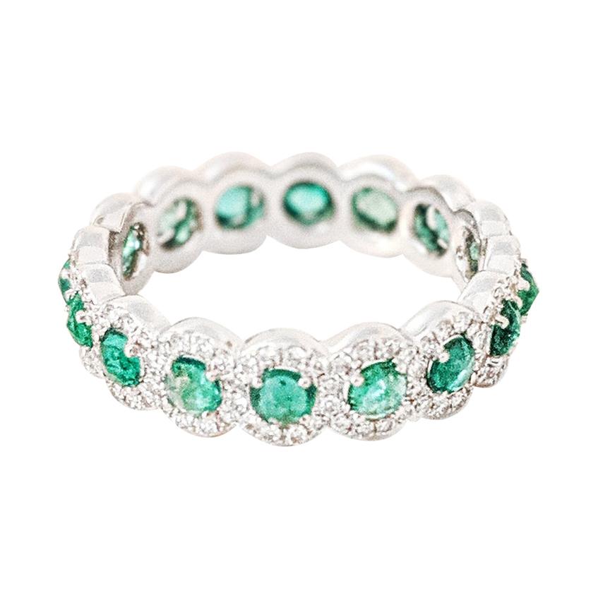 64 Facets 1 Carat Emerald and Diamond Ring in 18 Karat White Gold For Sale