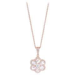 64 Facets 1 Carat Floral Rose Cut Diamond Pendant and Chain in 18 Karat Gold