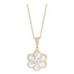 64 Facets 1 Carat Floral Rose Cut Diamond Pendant and Chain in 18 Karat Gold