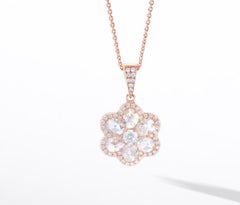 64 Facets 1 Carat Floral Rose Cut Diamond Pendant and Chain in 18 Karat Gold