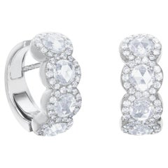 64 Facets 1.10 Carat Scallop Rose Cut Diamond Huggie Earrings in White Gold
