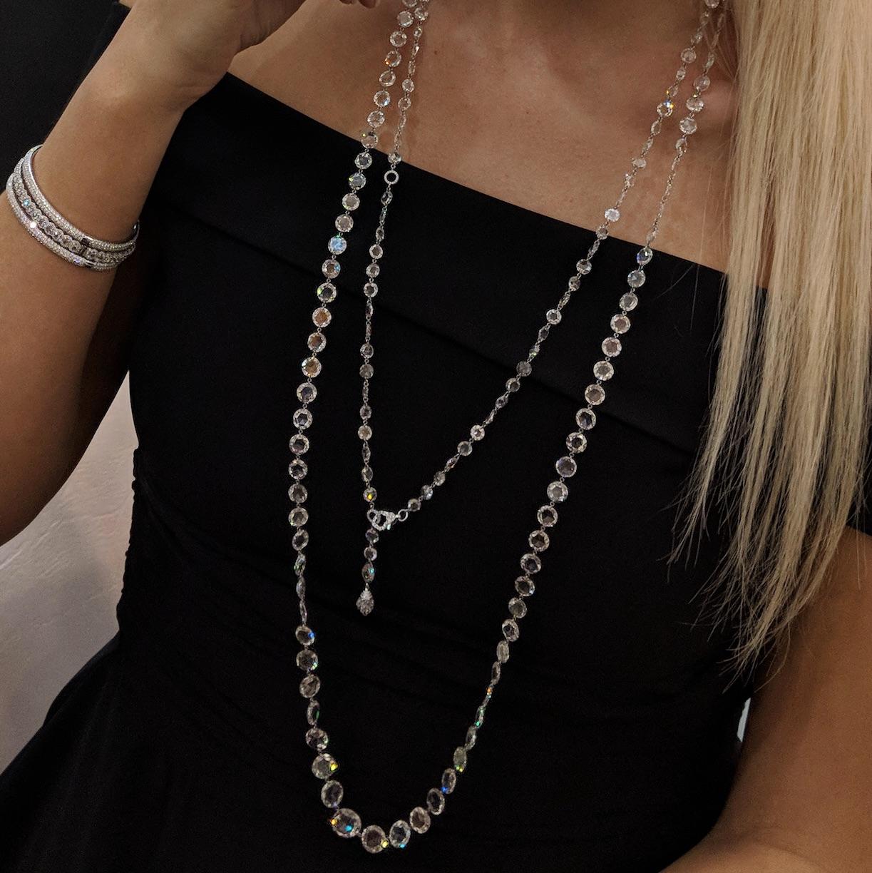 64 Facets 136.11 Carat Rose Cut Diamond Long Chain Necklace in Platinum For Sale 4