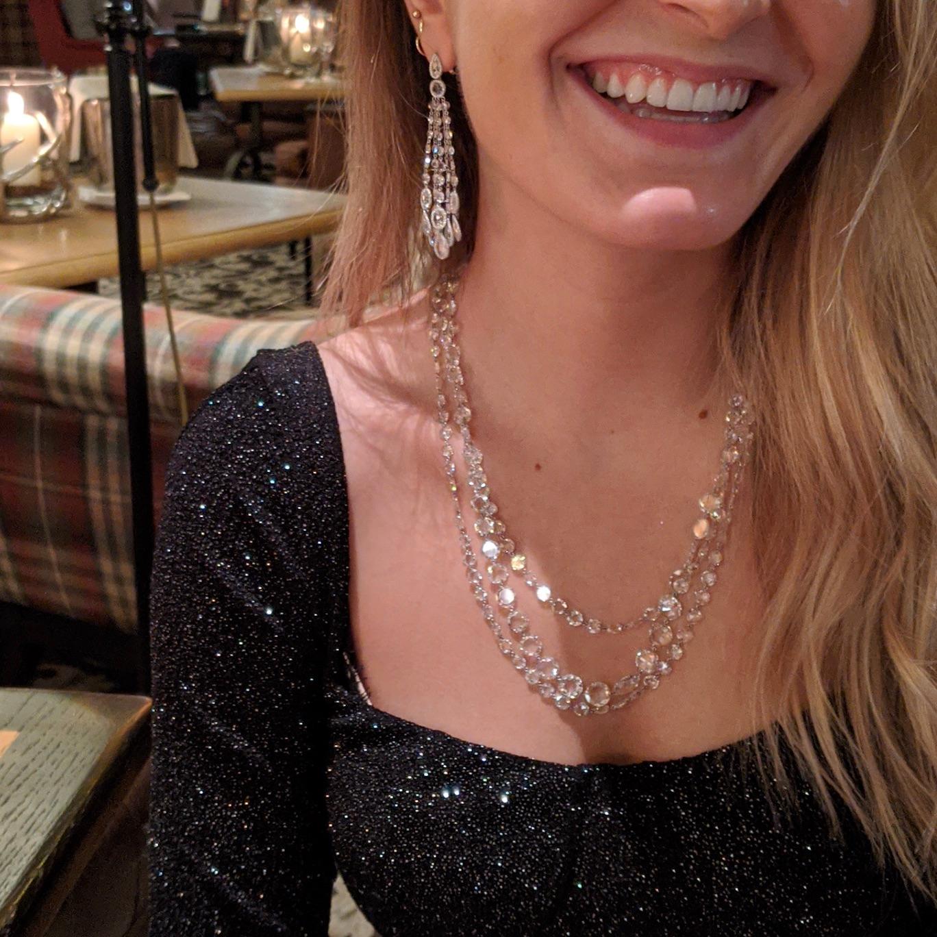 This spectacular 64 Inch and 136.11 Carat Rose Cut Diamond Chain from 64 Facets is truly unique and is simply a show stopper. 
Each round rose-cut diamond is hand cut by our master craftsmen and connected by barely visible platinum links, giving the