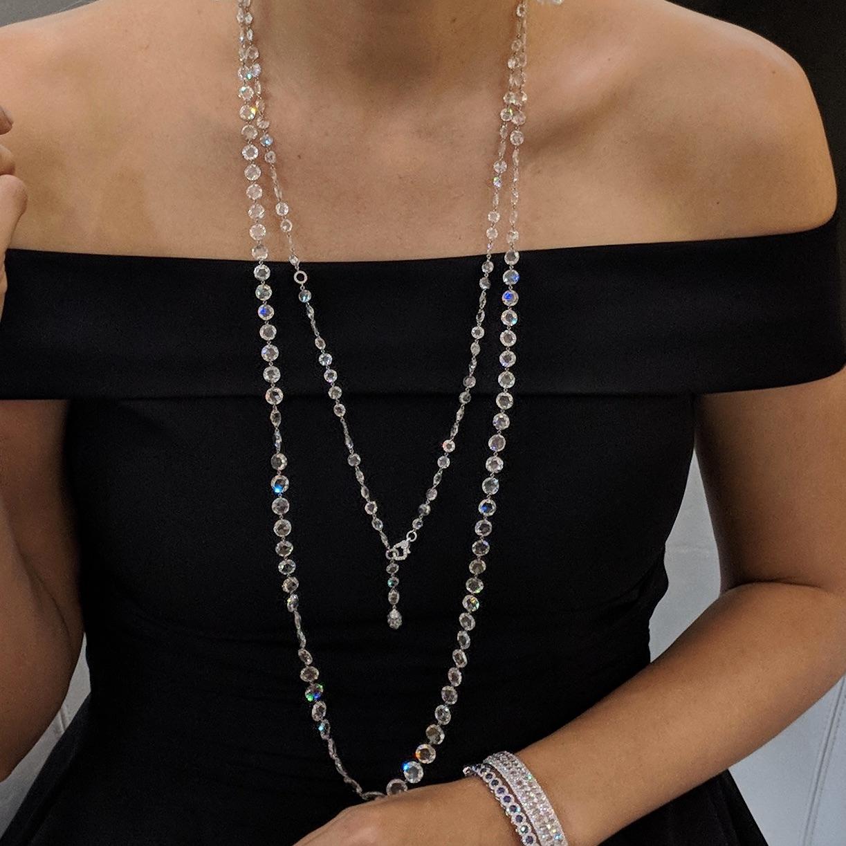 64 Facets 136.11 Carat Rose Cut Diamond Long Chain Necklace in Platinum For Sale 3