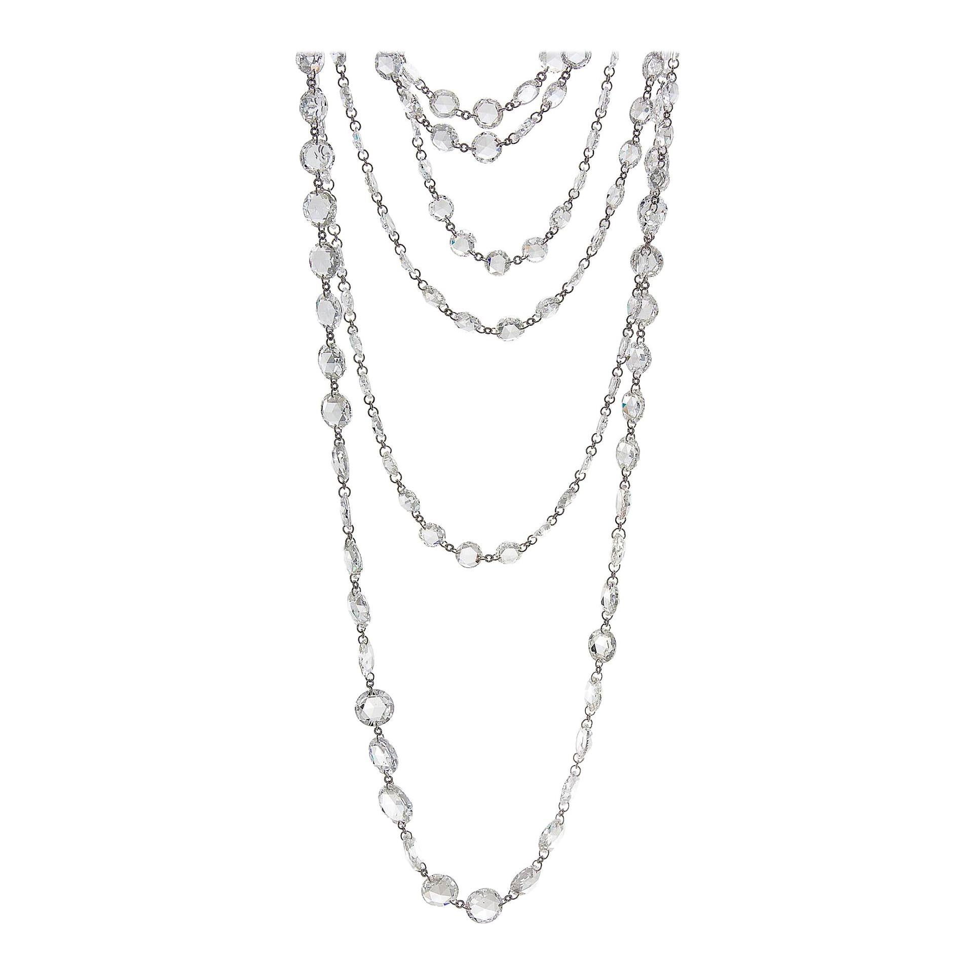 64 Facets 136.11 Carat Rose Cut Diamond Long Chain Necklace in Platinum For Sale