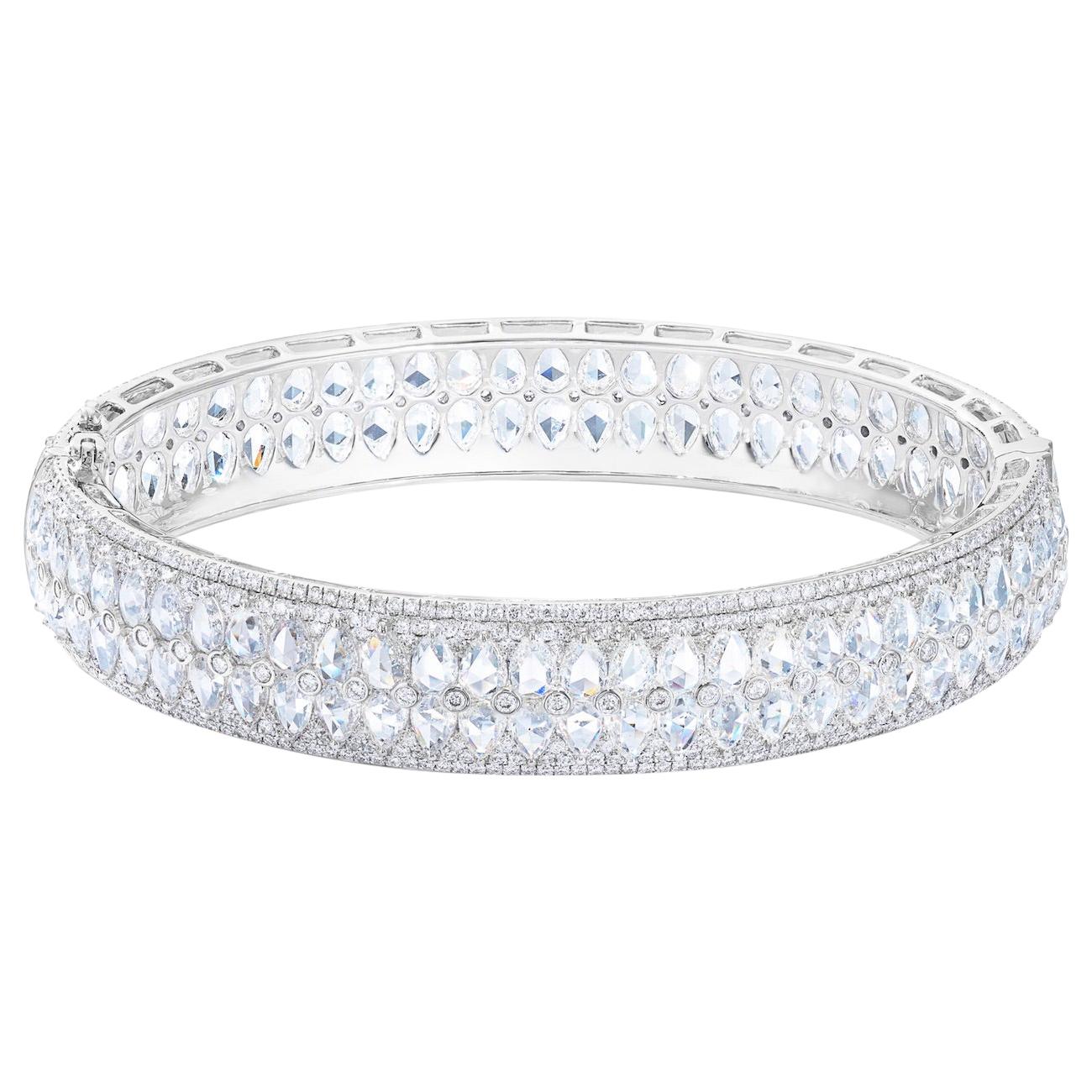 64 Facets 14 Carat Rose Cut Diamond Double Row Bangle in White Gold For Sale