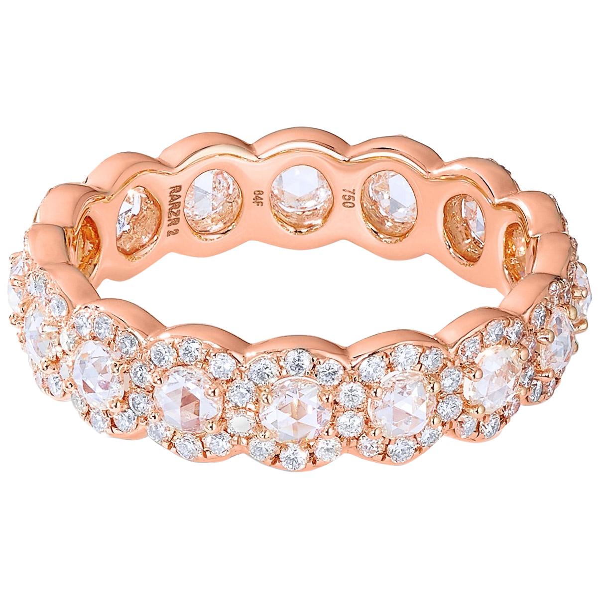 64 Facets 1.50 Carat Rose Cut Diamond Ring in 18 Karat Rose Gold Diamond Band For Sale
