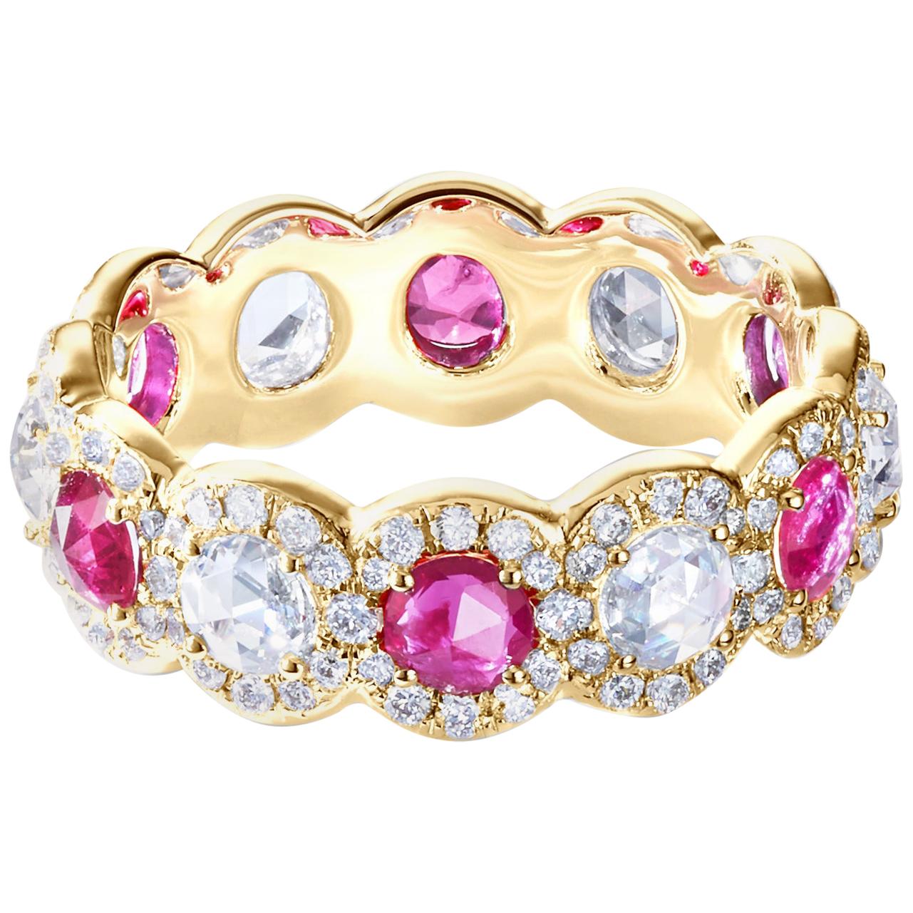 64 Facets 2 Carat Elements Ruby and Diamond Ring in 18 Karat Yellow Gold For Sale