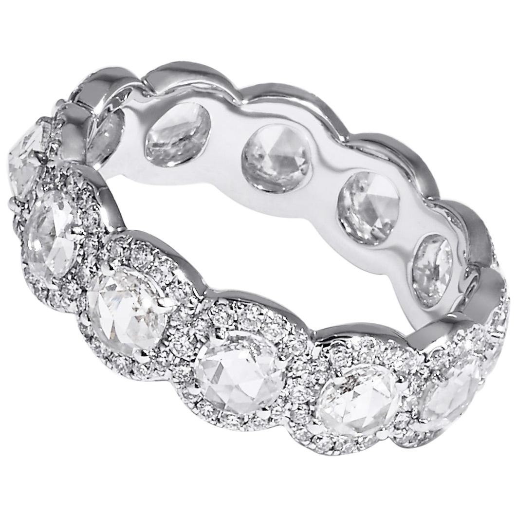 64 Facets 2 Carat Rose Cut Diamond Ring 18 Karat White Gold Diamond Band For Sale