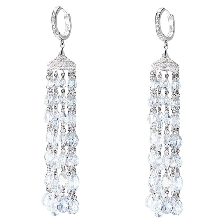 64 Facets 20 Carat Rose Cut Diamond Tassel Chandelier Earrings in White Gold For Sale