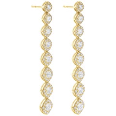 64 Facets 2.6 Carat Cushion Rose Cut Diamond Drop Dangle Earrings in Yellow Gold