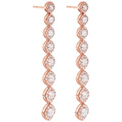 64 Facets 2.60 Carat Cushion Rose Cut Diamond Drop Dangle Earrings in Rose Gold