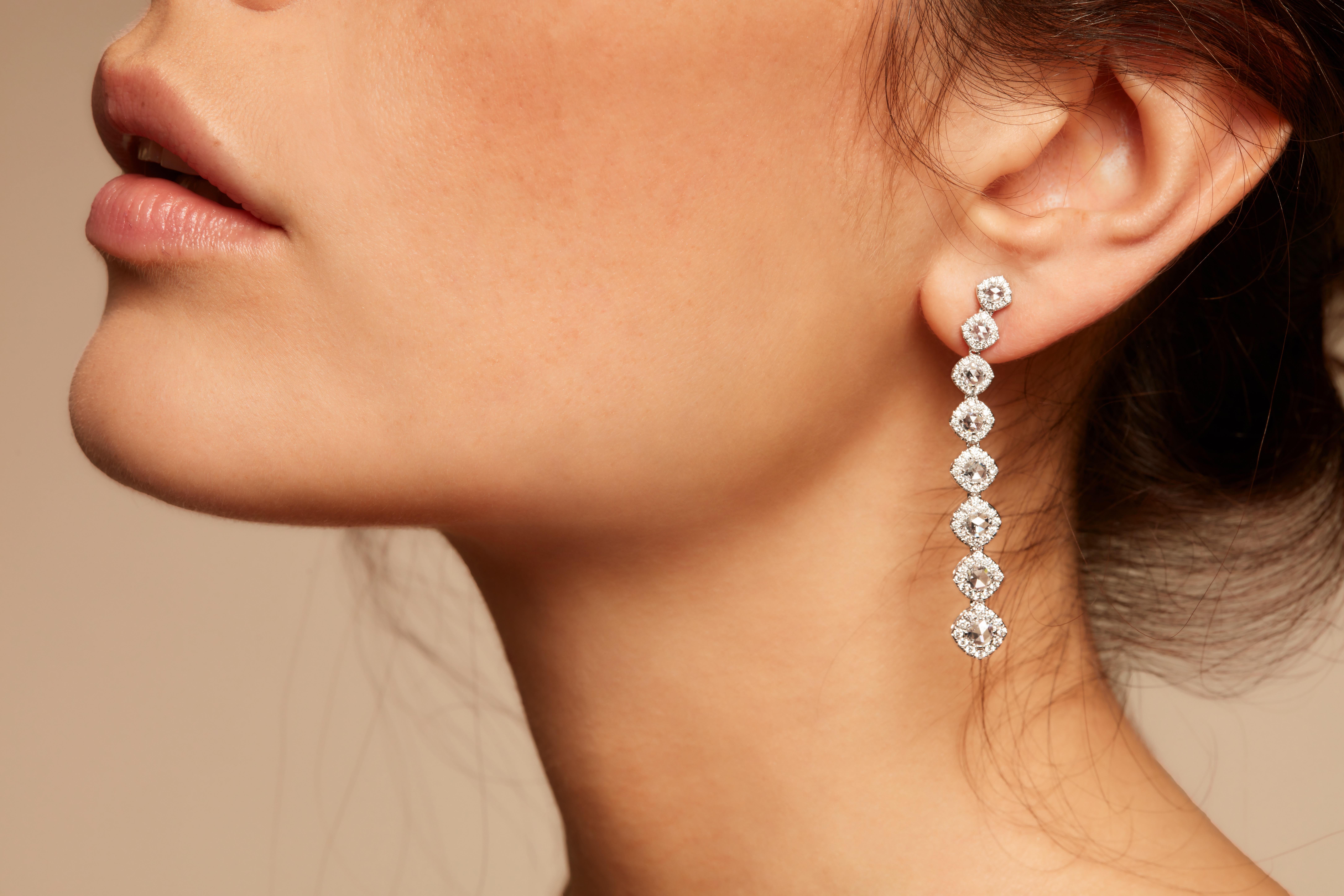 Women's or Men's 64 Facets 2.60 Carat Cushion Rose Cut Diamond Drop Dangle Earrings in White Gold For Sale