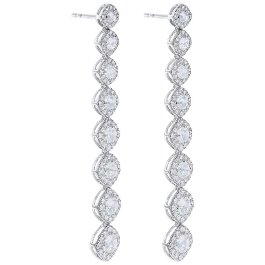 64 Facets 2.60 Carat Cushion Rose Cut Diamond Drop Dangle Earrings in White Gold For Sale