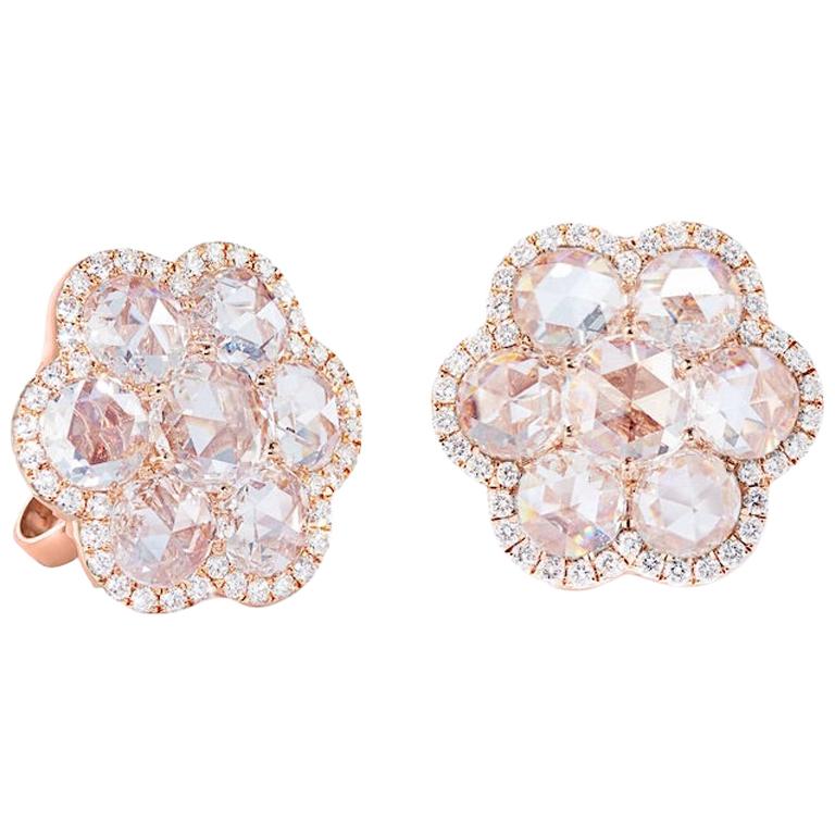 64 Facets 3.25 Carat Floral Rose Cut Diamond Stud Earrings in Rose Gold For Sale