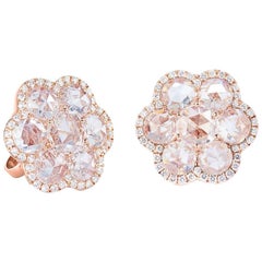 64 Facets 3.25 Carat Floral Rose Cut Diamond Stud Earrings in Rose Gold