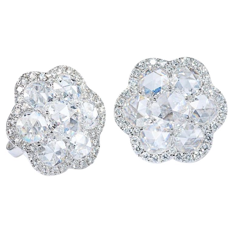 64 Facets 3.25 Carat Floral Rose Cut Diamond Stud Earrings in White Gold For Sale