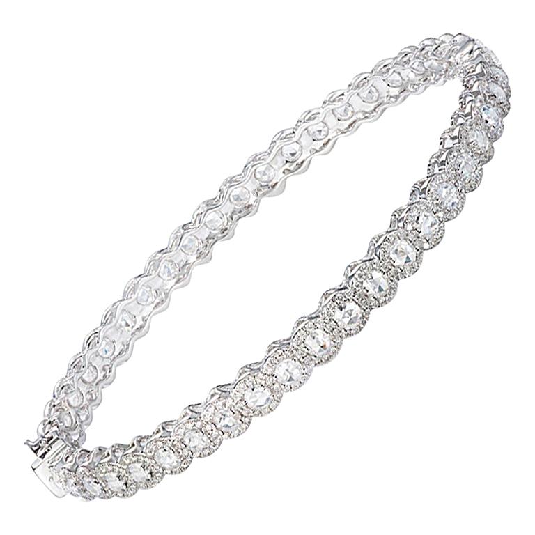 64 Facets 3.40 Carat Rose Cut Diamond Scallop Bangle Bracelet in White Gold For Sale