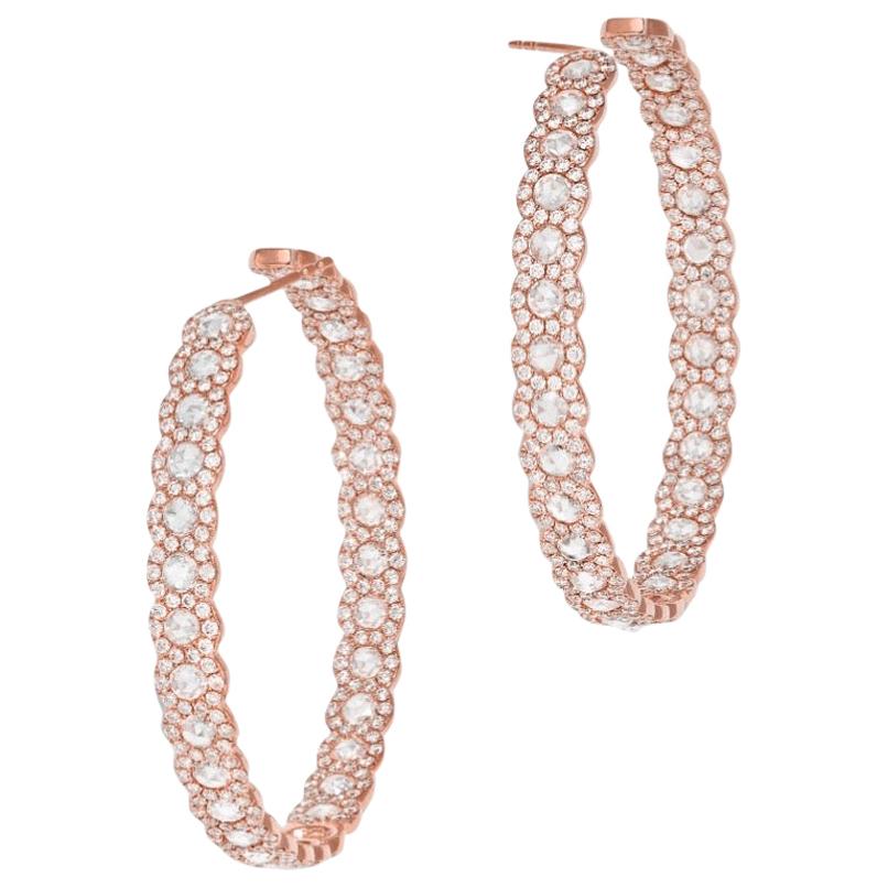 64 Facets 5.50 Carat Scallop Rose Cut Diamond Hoop Earrings in Rose Gold For Sale