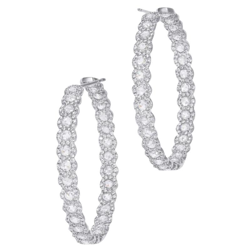 64 Facets 5.50 Carat Scallop Rose Cut Diamond Hoop Earrings in White Gold For Sale