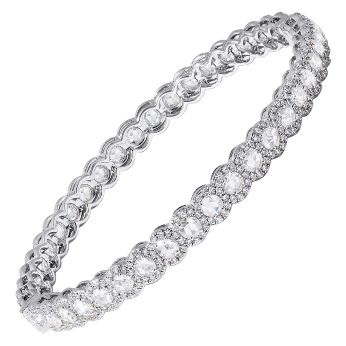 64 Facets 5.75 Carat Rose Cut Diamond Scallop Bangle Bracelet in White Gold For Sale
